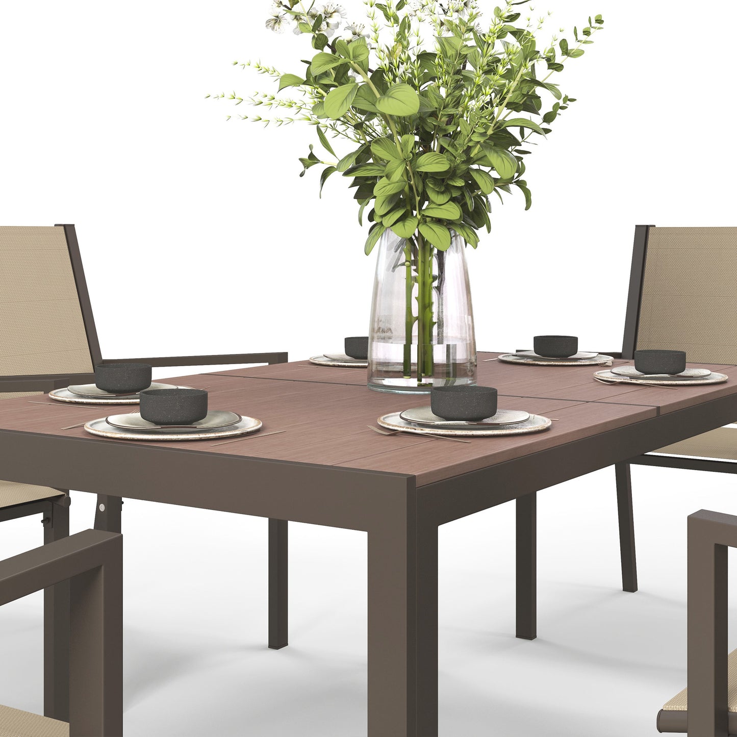 7 Piece Outdoor Dining Set with Rectangular Table and 6 Stackable Chairs, for Backyard, Lawn, Deck, Balcony, Pool Side