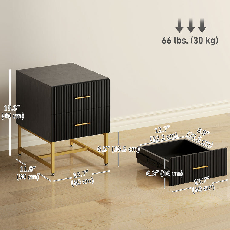 Set of 2 Nightstands with Fluted Drawers and Gold Legs