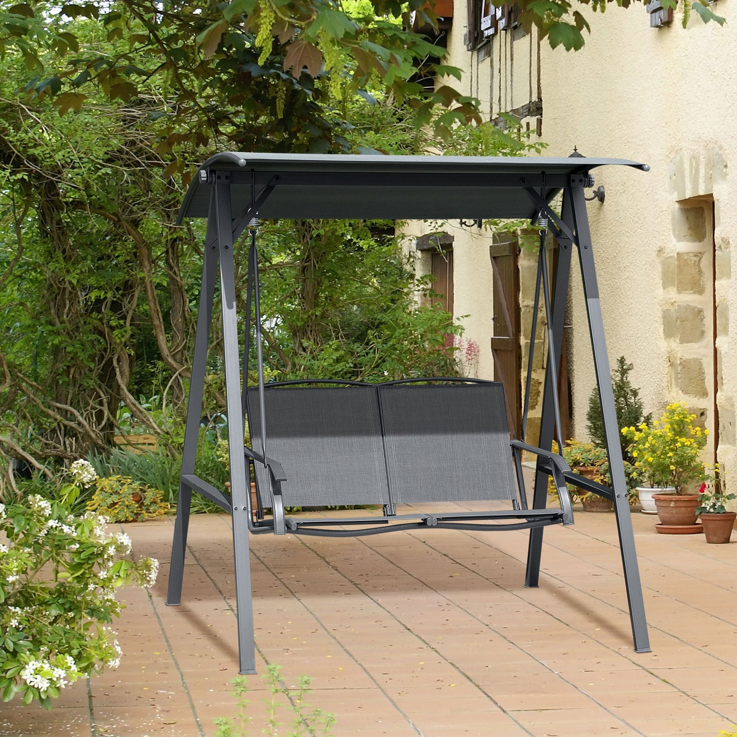 2-Seat Outdoor Porch Swing Patio Swing with Adjustable Canopy, Removable Seat and and Steel Frame for Garden, Poolside