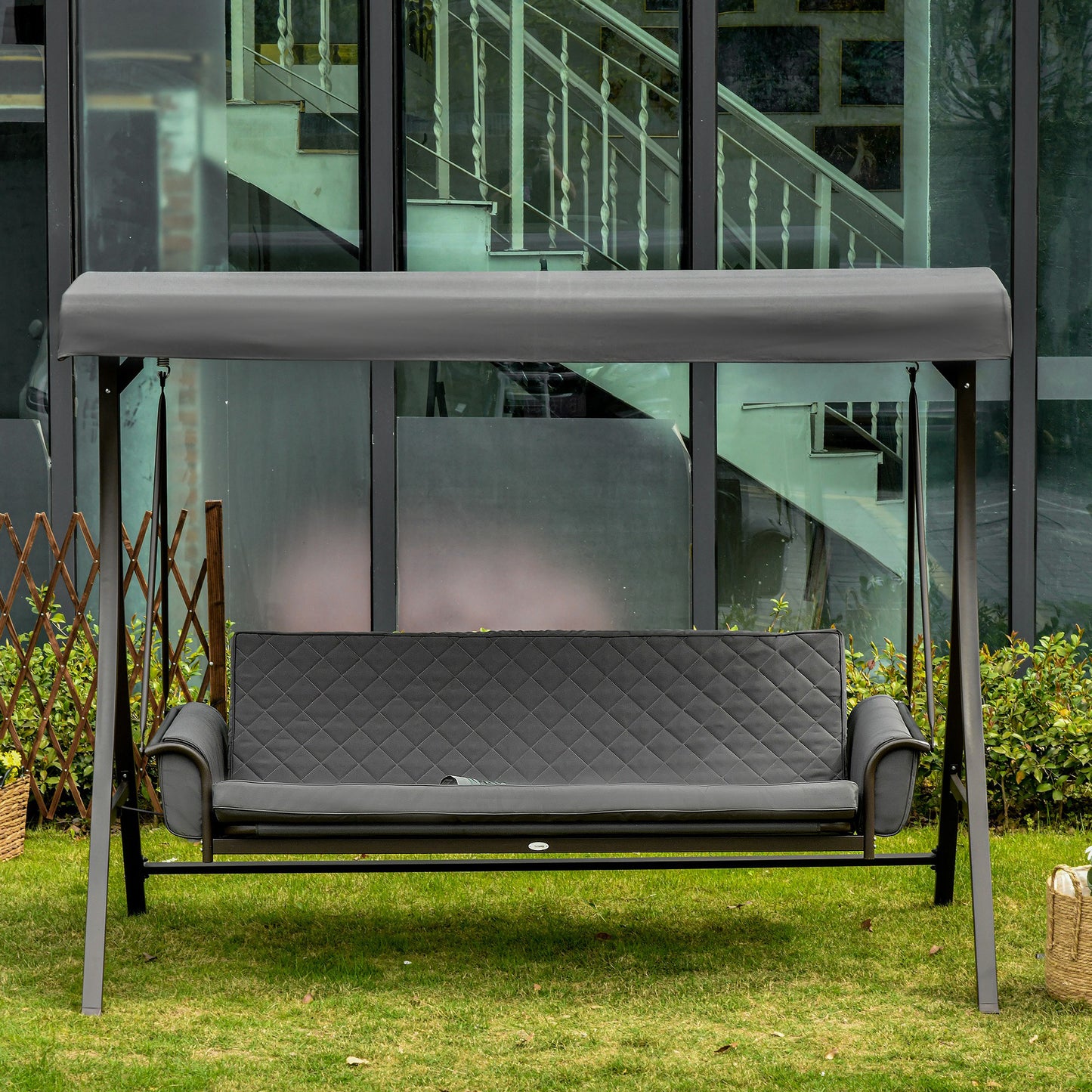 3 Person Porch Swing Bed, 2-in-1 Convertible Outdoor Patio Swing Chair Bench Hammock with Adjustable Canopy, Cushions, Pillows for Porch and Backyard, Red
