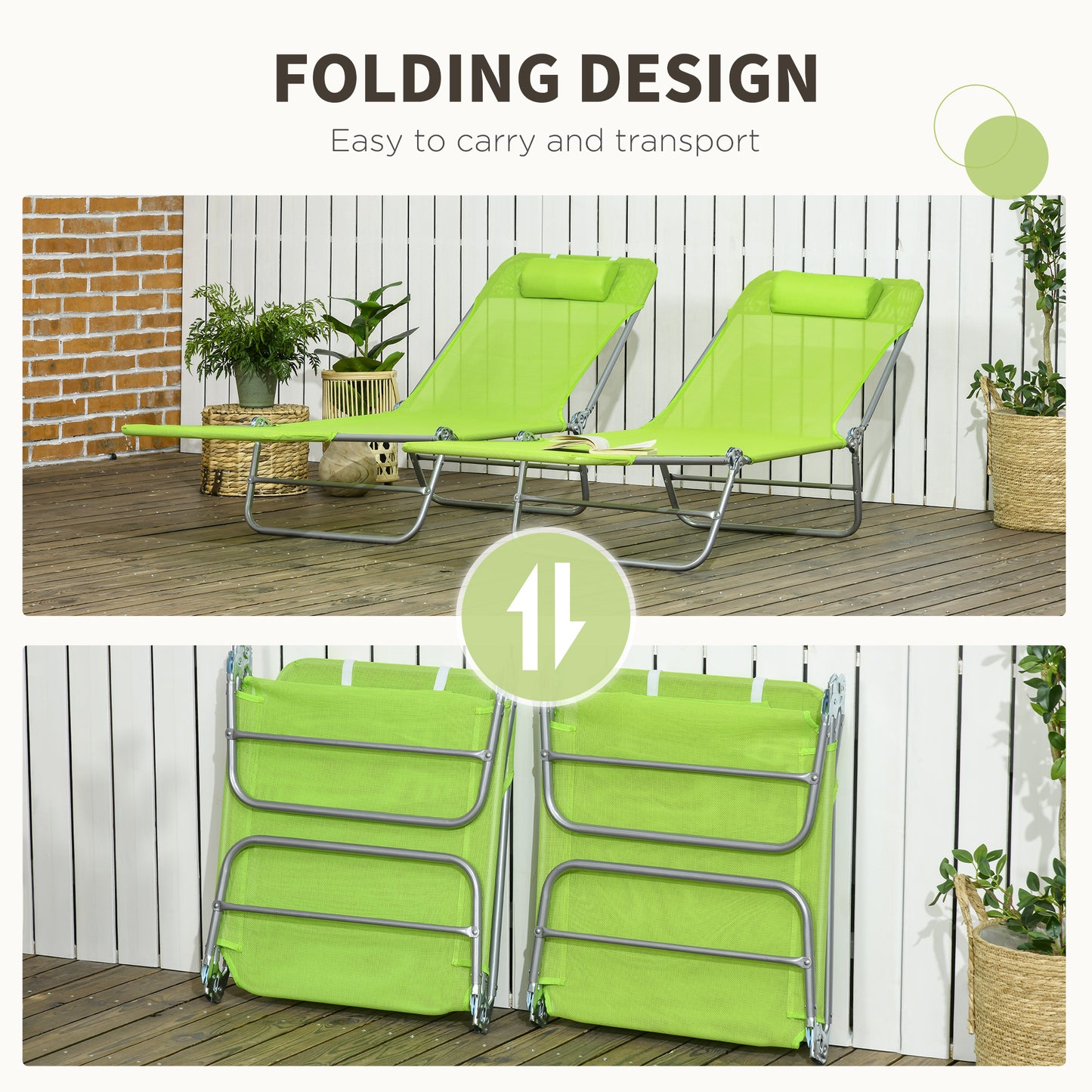 Set of 2 Folding Chaise Lounge Chairs, Outdoor Poolside Sun Tanning Chairs w/ Pillow, Reclining Backrest, Dark Blue