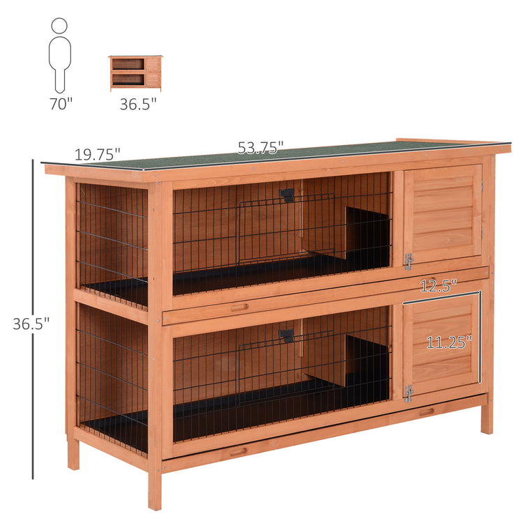 54"L 2-Story Orange Wooden Rabbit Hutch with Lockable Doors