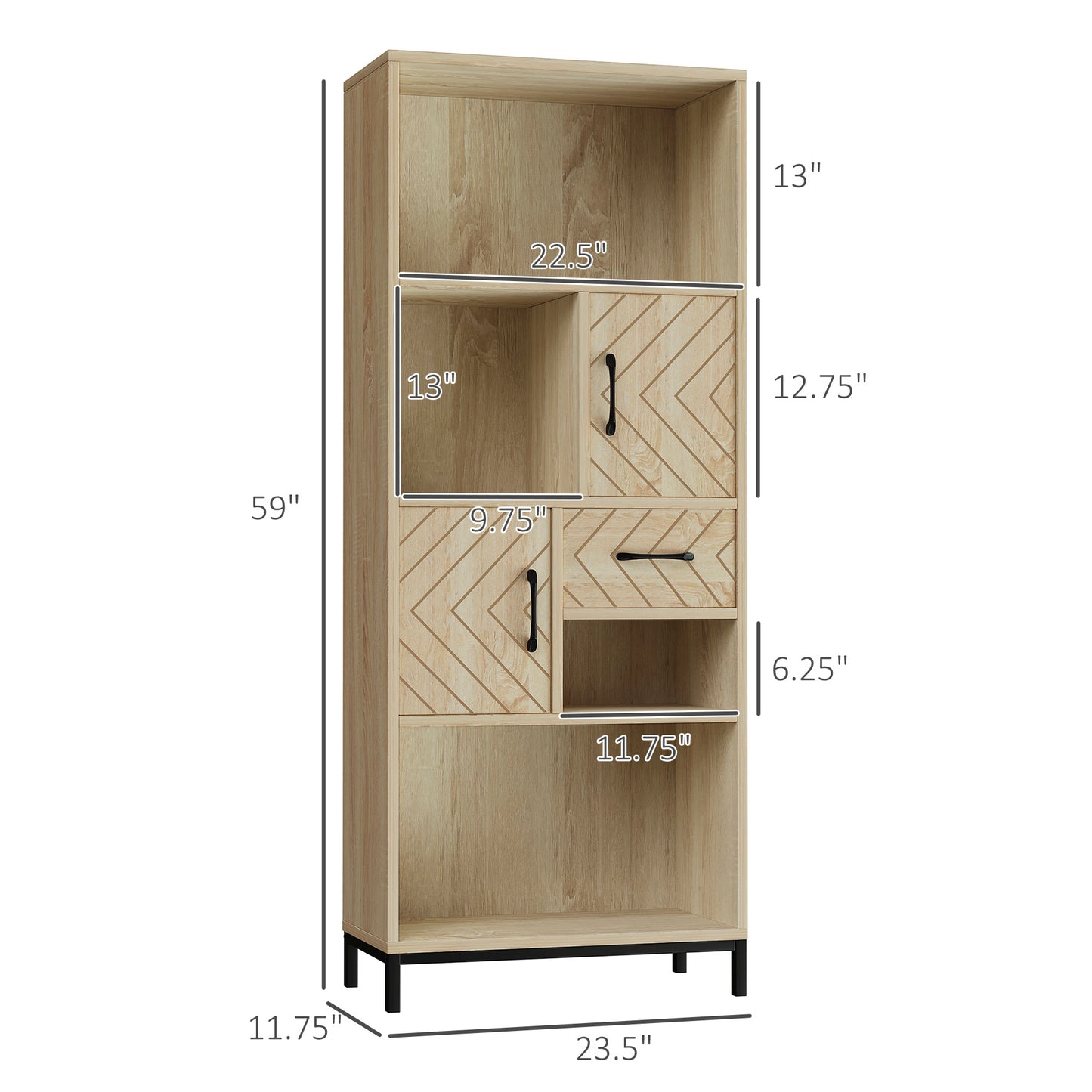 59" Bookcase, Storage Bookshelf with Cabinets, Drawer and Open Compartments, Freestanding Display Shelves for Home Office, Living Room, Study, Nature Wood