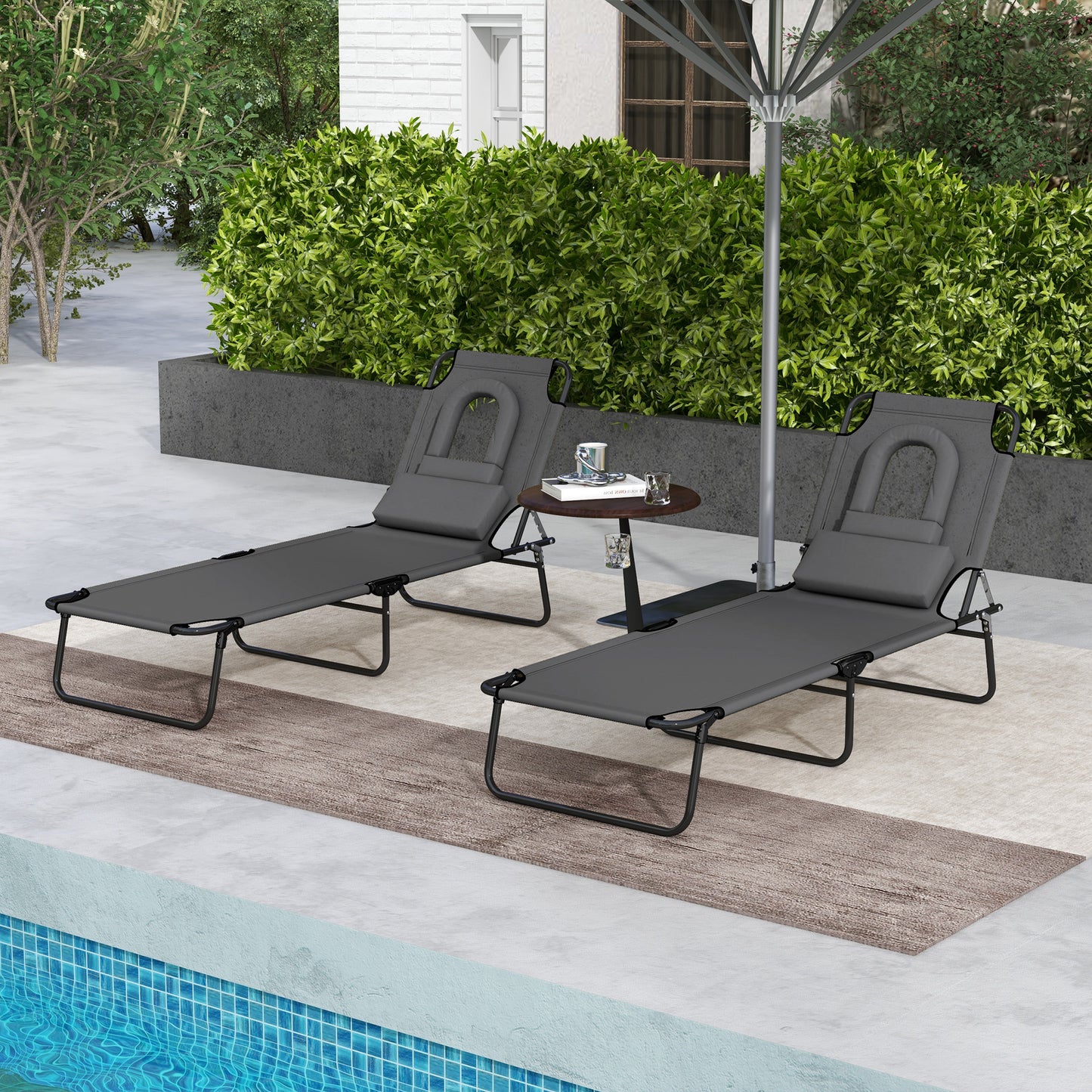 Folding Lounge Chair Set of 2, Reclining Beach Tanning Chair with Face Hole, Pillow, 4-Position Adjustable Flat Sun Lounger, Steel Frame for Outdoor Patio Pool, Green