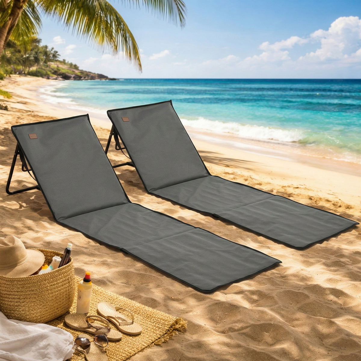 Set of 2 Foldable Lounge Chairs with Carry Strap, Adjustable Backrest, Grey