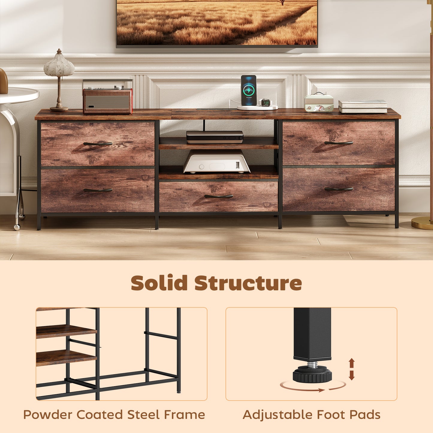 TV Stand for TVs up to 70 Inch, Industrial TV Console with Charging Station, 5 Drawers and Open Shelves, Rustic Brown
