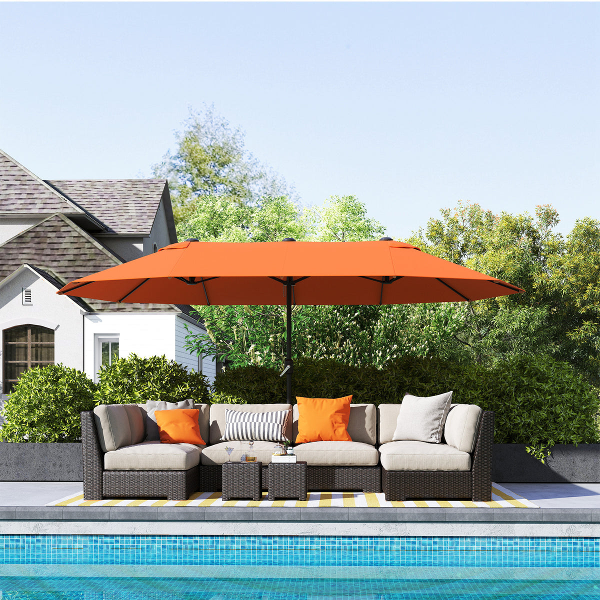 15' Orange Twin Canopy Steel Table Umbrella