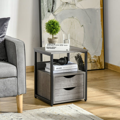 Industrial Nightstand with 2 Drawers and Shelf - Grey