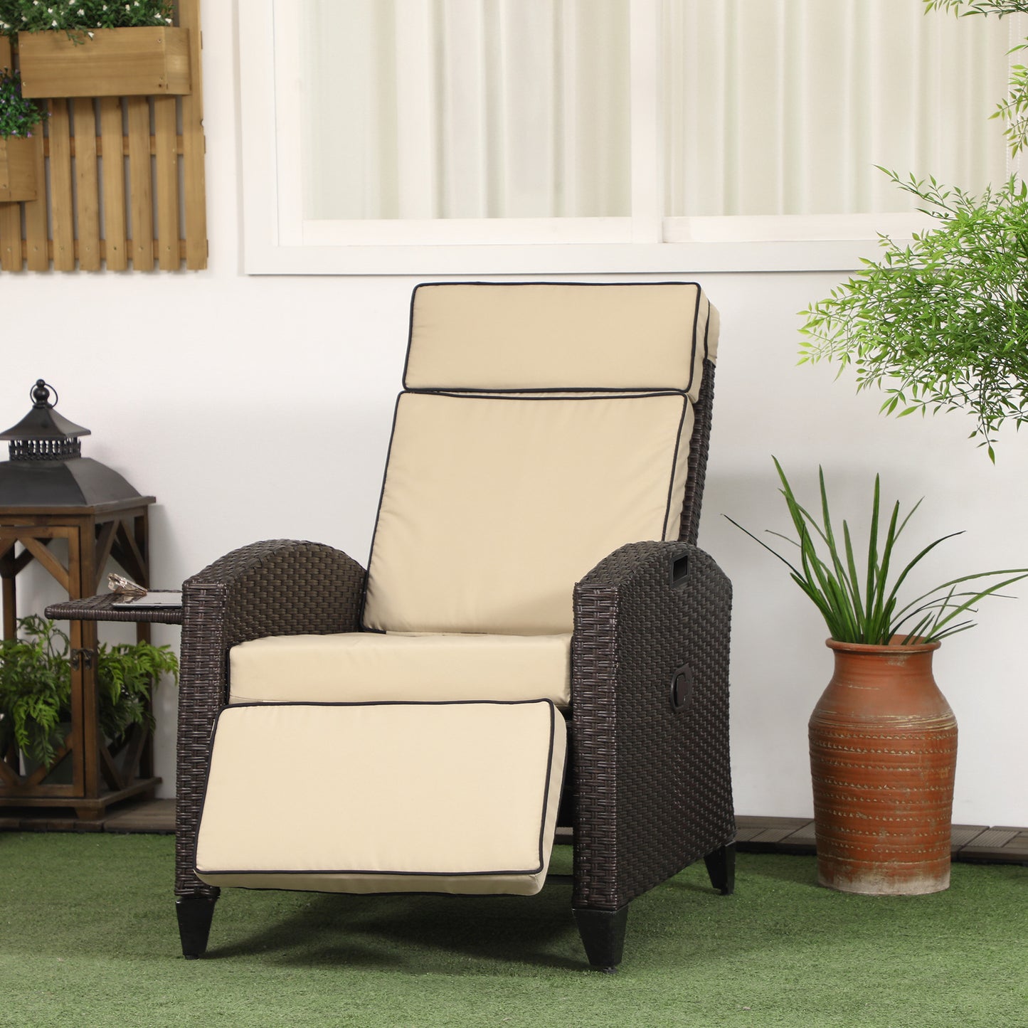 Outdoor Recliner Chair with Adjustable Backrest, Cushion, Side Tray, Black