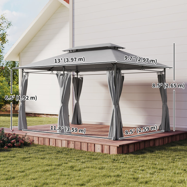 10' x 13' Dark Grey Double Roof Patio Gazebo with Curtains