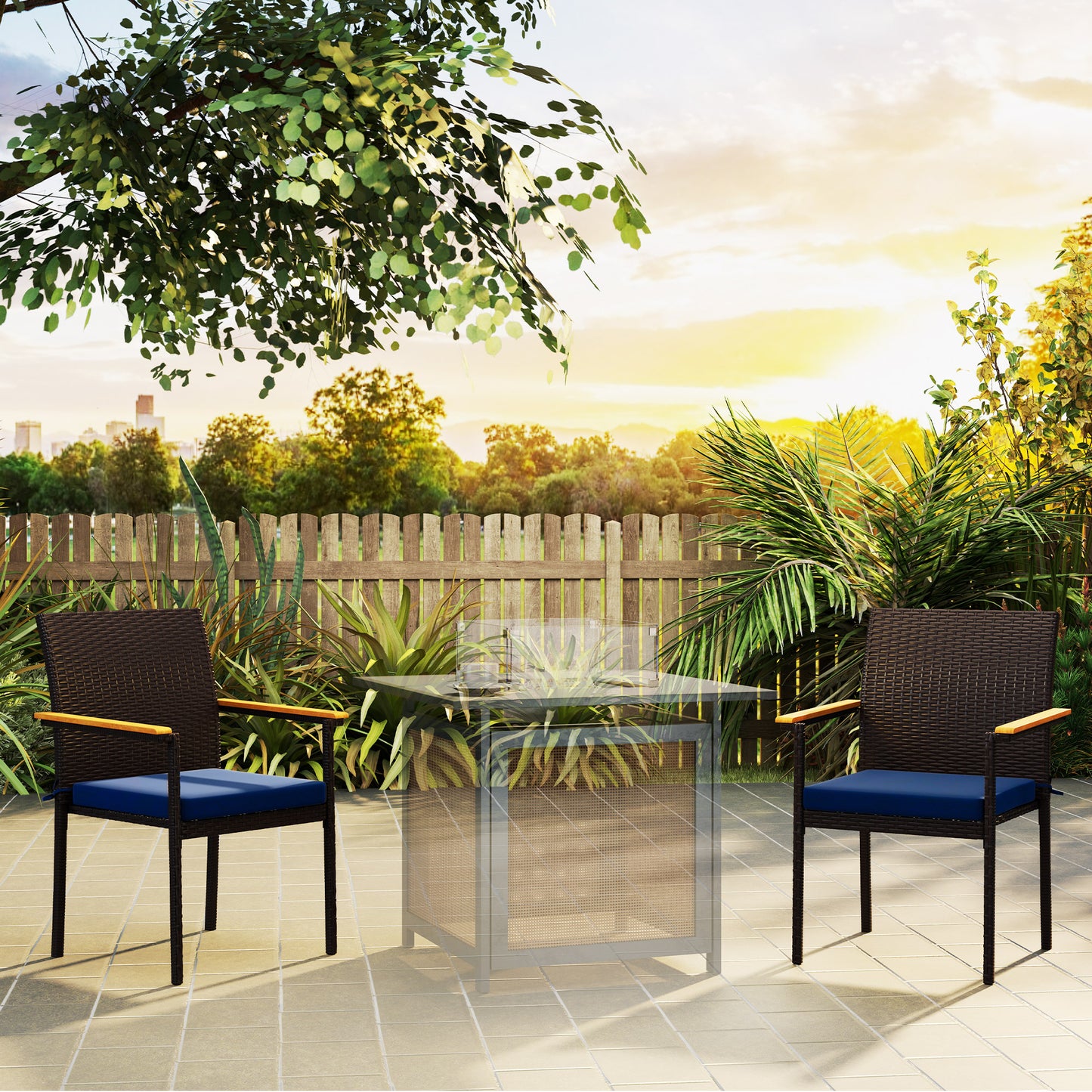 Stackable Wicker Patio Chairs Set of 2 with Removable Cushion, Armrest for Garden, Porch, Yard, Cream White - Natural