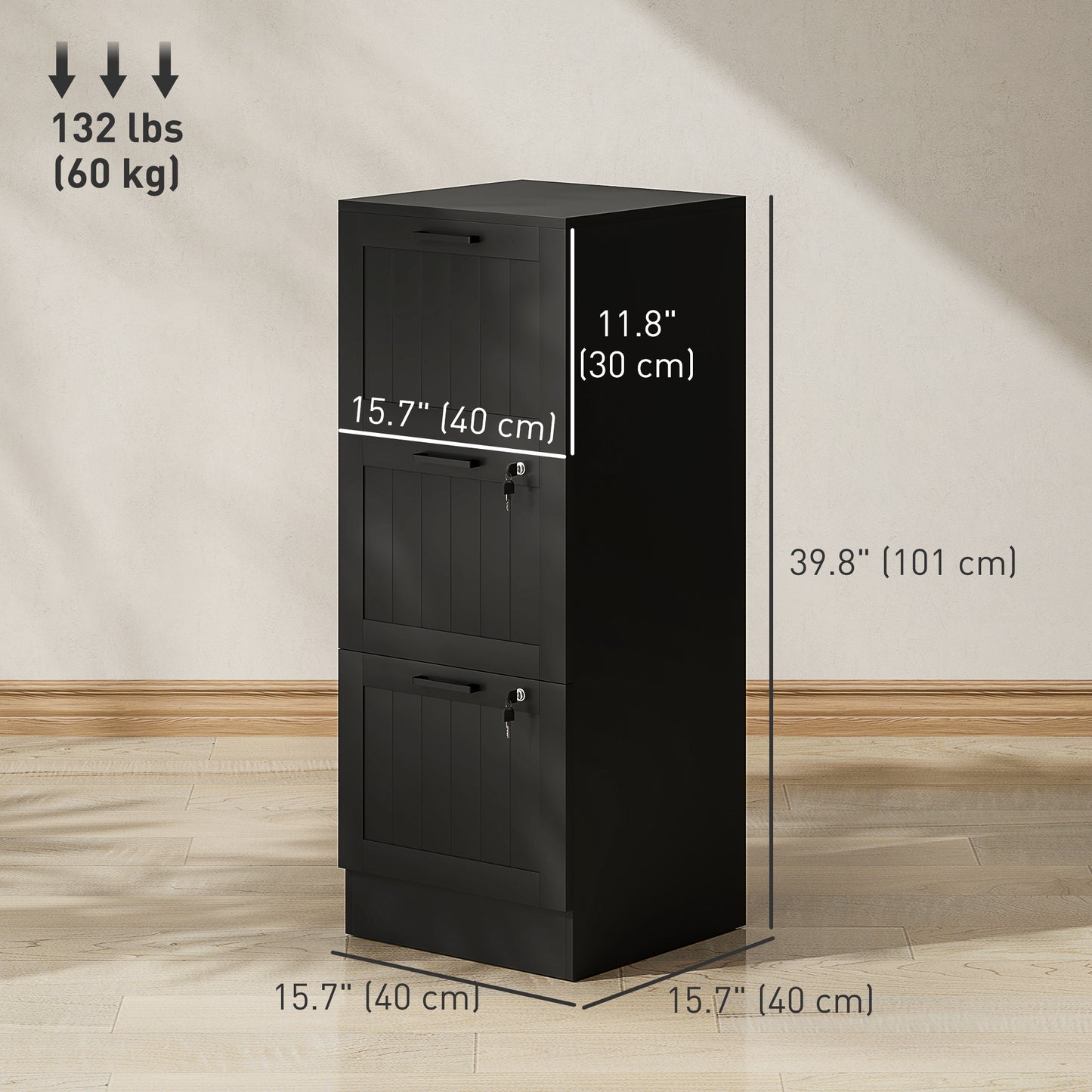 3 Drawer Filing Cabinet with Lock, Office Storage Cabinet with Adjustable Hanging Bars for A4 Letter Size Files, Black
