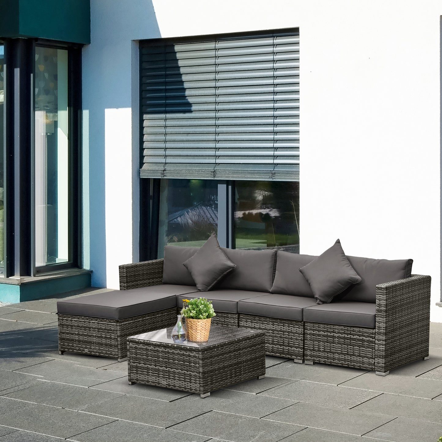 6 Pieces Outdoor PE Rattan Wicker Patio Furniture Sofa Set with Thick Cushions, Deluxe Garden Sectional Couch with Glass Top Table, Mixed Grey and Dark Grey