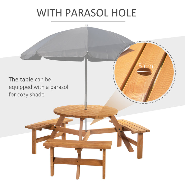 6-Person Wood Picnic Table with 3 Built-In Benches