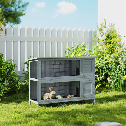 2-Tier Grey Wooden Rabbit Hutch with Run