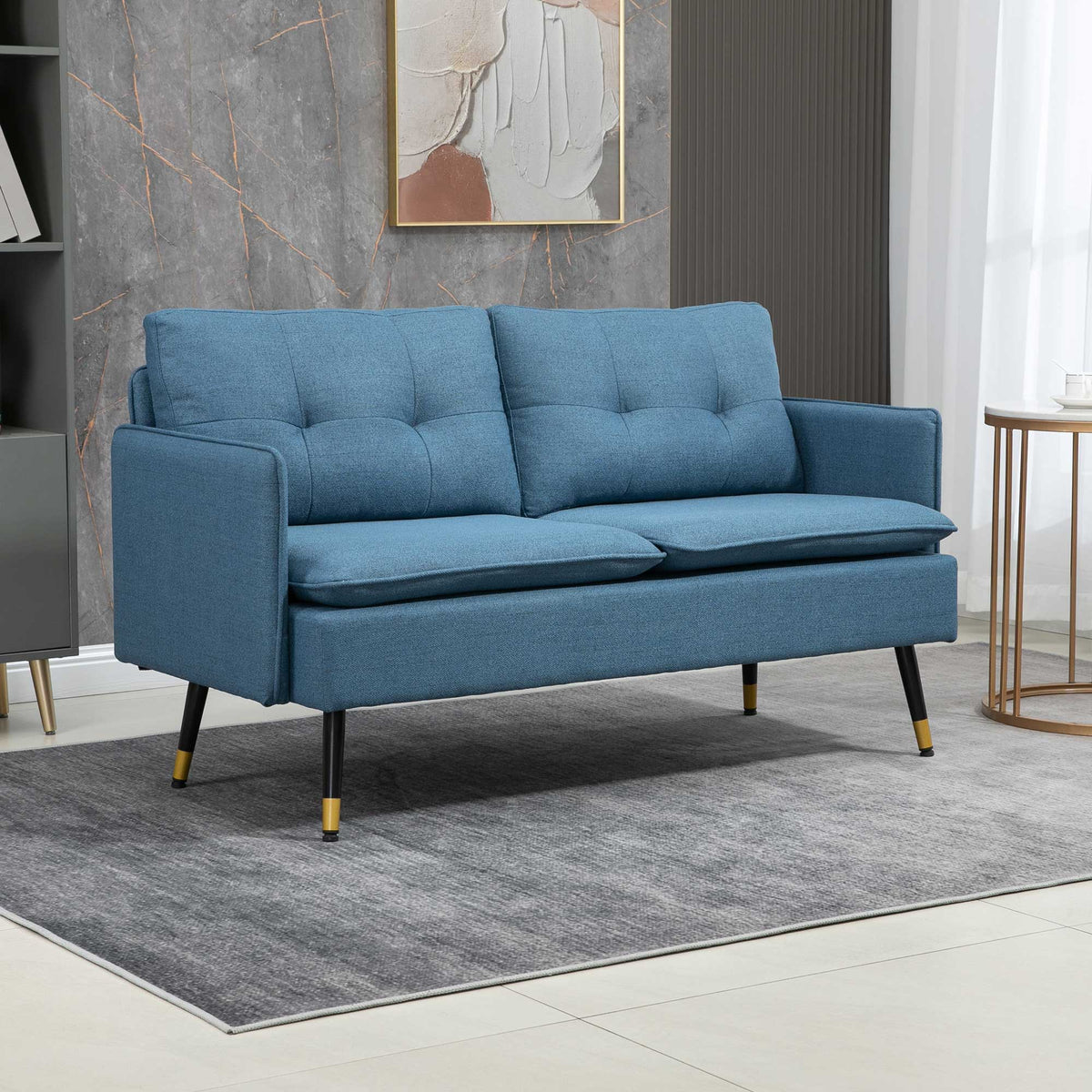 55" Loveseat Sofa, Linen Love Seat w/ S spring, Steel Legs and Button Tufting, Small Couch for Living Room, Dark Blue