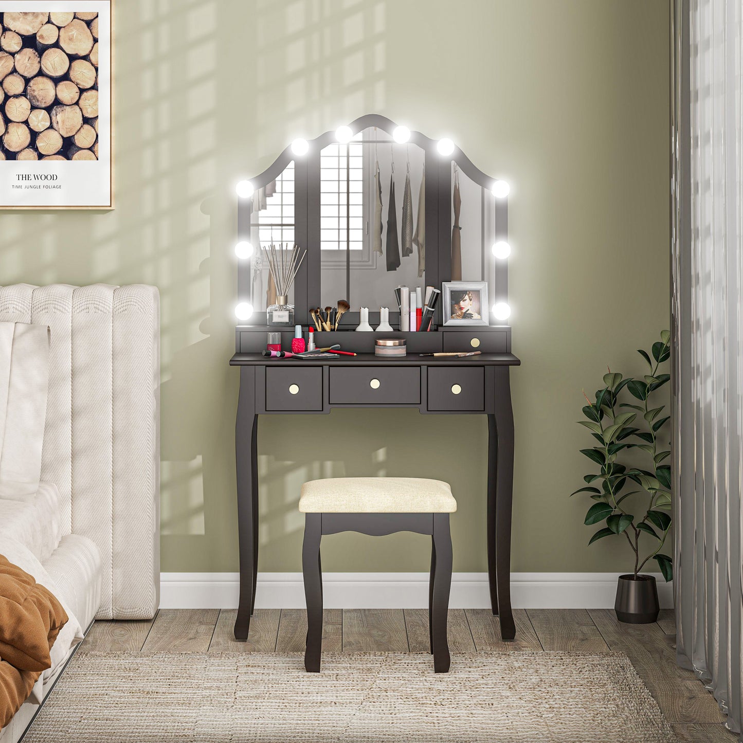 Makeup Vanity Desk with Mirror and Stool, Vanity Set with 10 LED Lights, 5 Drawers and 3 Compartments, Black