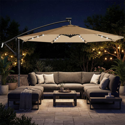 9.7ft Khaki Solar LED Cantilever Umbrella with Crank