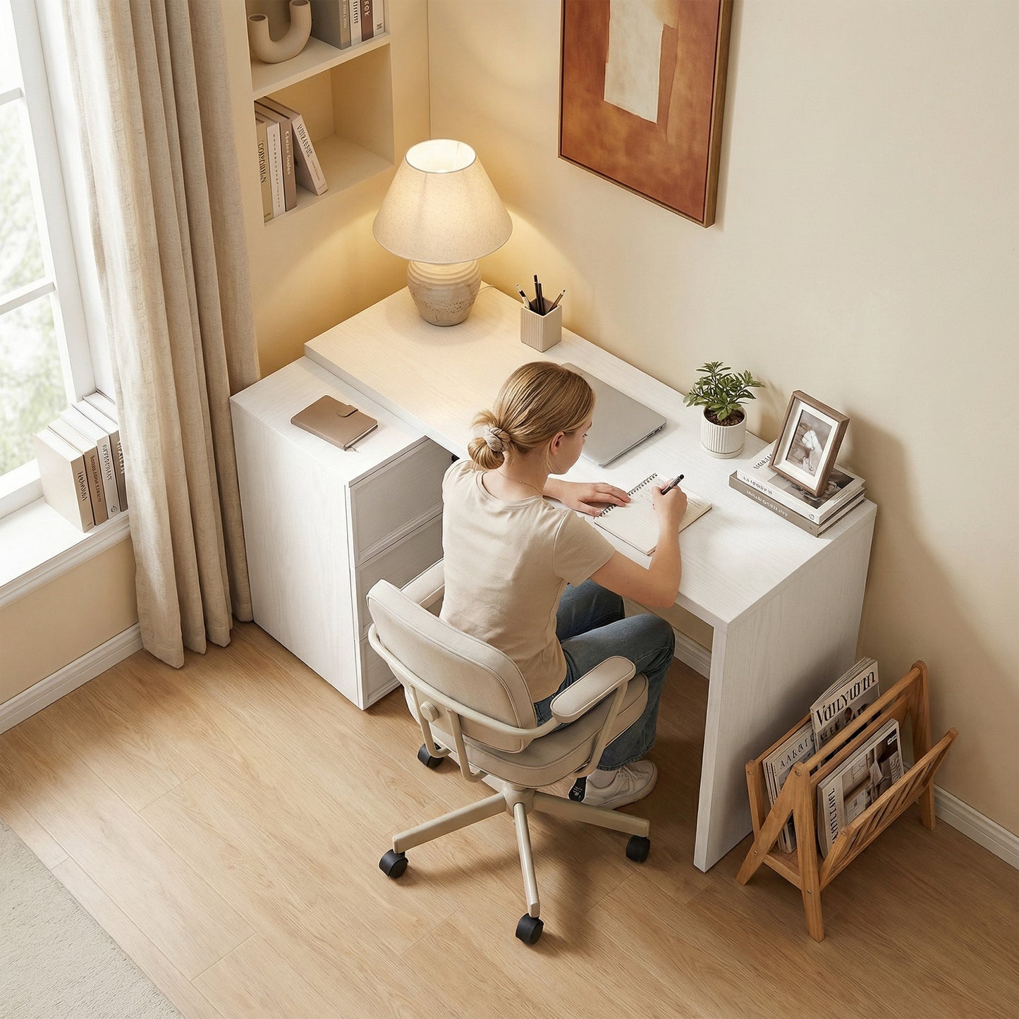 L Shaped Computer Desk Home Office Desk with 3 Drawers White Wood Grain