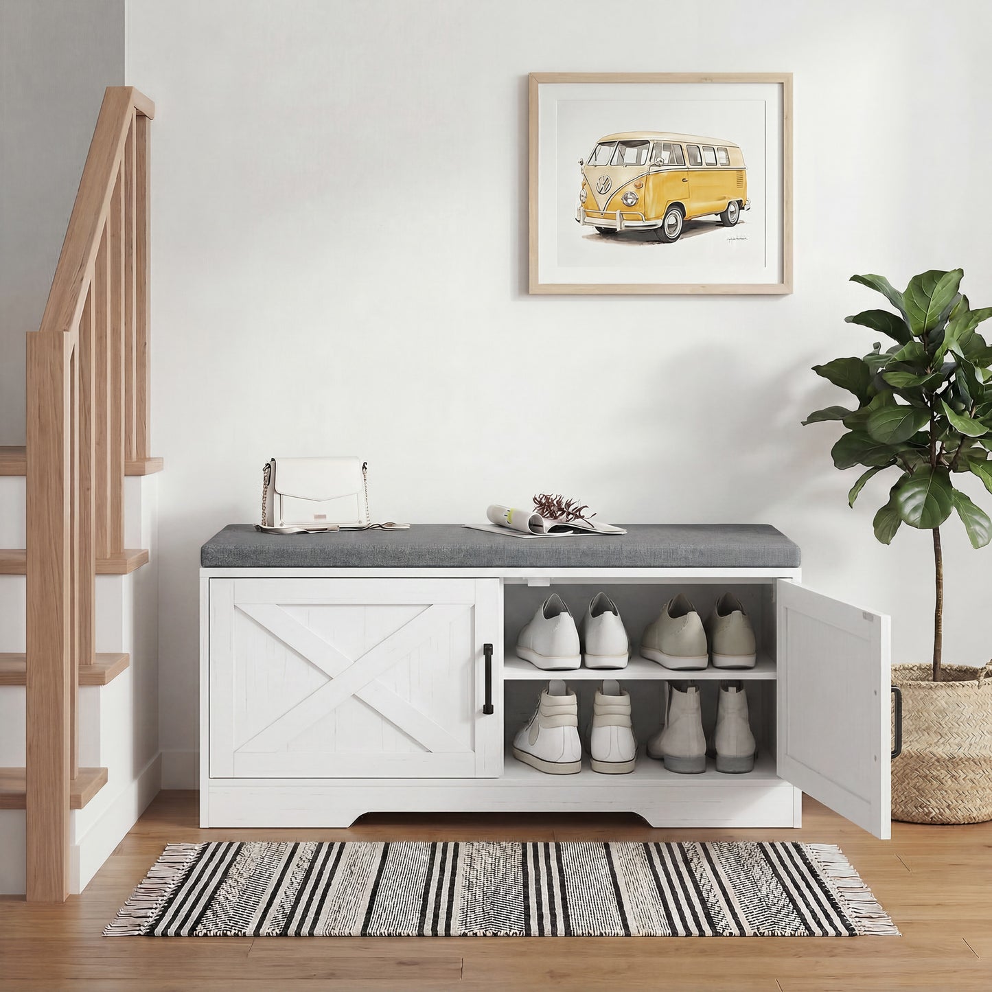 Shoe Bench with Cushion Shoe Storage Bench with Doors Adjustable Shelves for Entryway, White