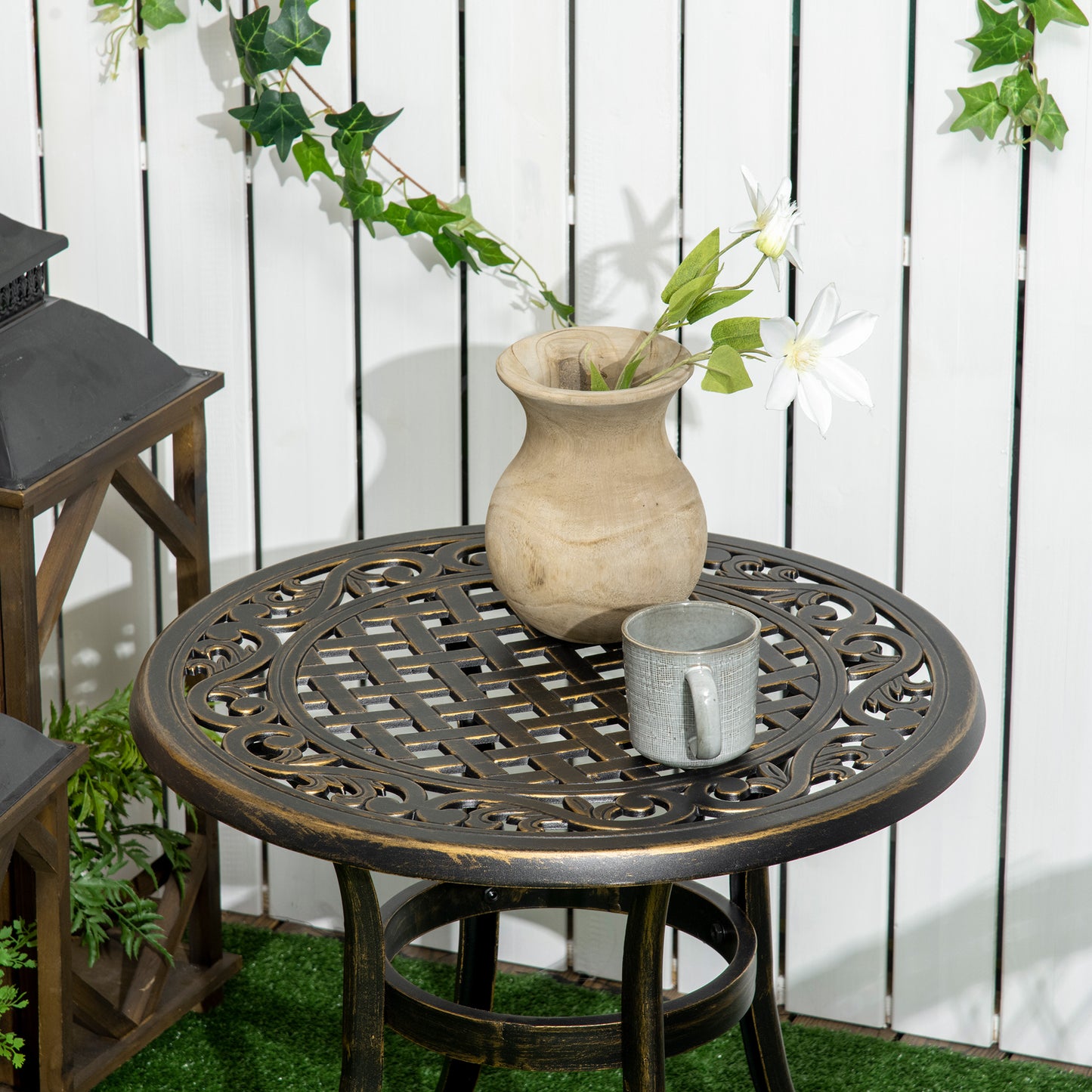 Ф23.6" Round Outdoor Side Table, Cast Aluminum Frame Patio Coffee Side Desk for Patio, Garden, Balcony, Black