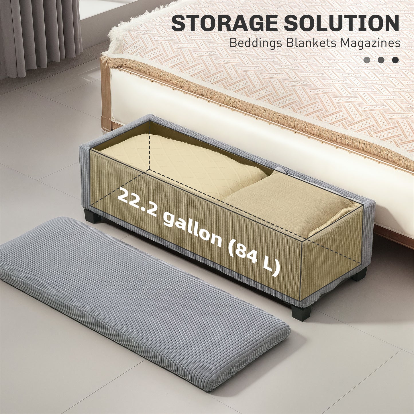 44 Inches Ottoman with Storage, Lid, Legs, Corduroy End of Bed Bench for Living Room, Bedroom, Entryway, Light Grey