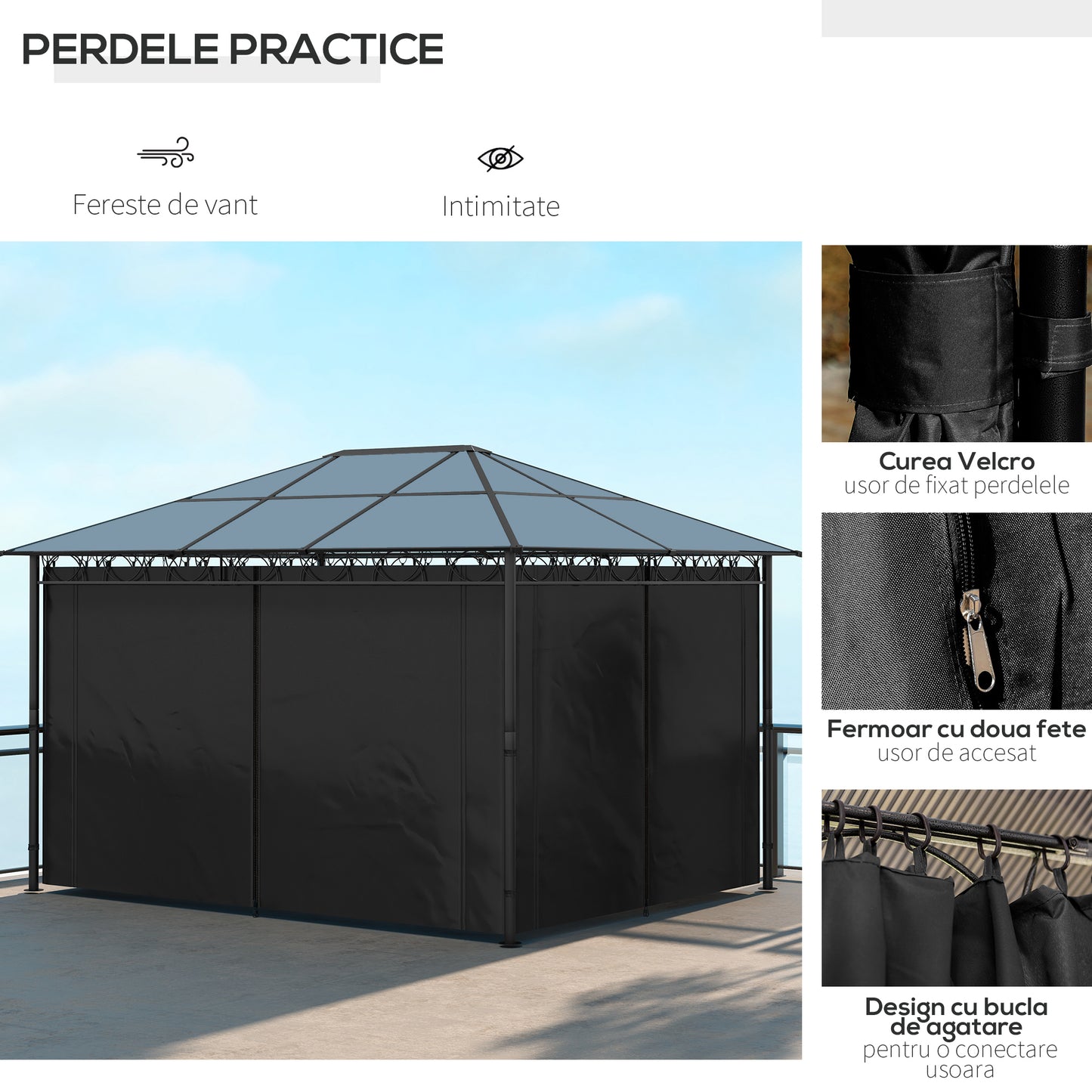 Polycarbonate Hardtop Gazebo Canopy, Outdoor Patio Gazebo with Aluminum Frame & Curtains, Dark Grey