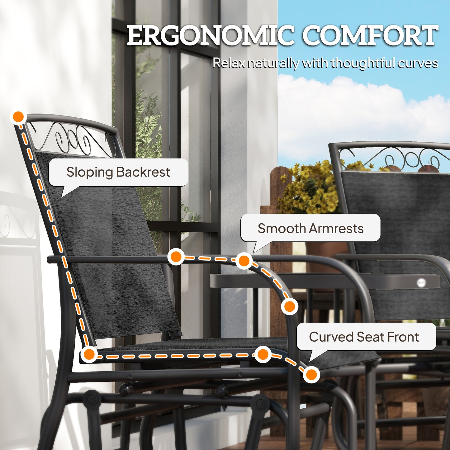 Outdoor Glider Bench with Coffee Table, Patio 2-Seat Rocking Chair Swing Loveseat with Breathable Sling for Backyard Garden Porch, Black
