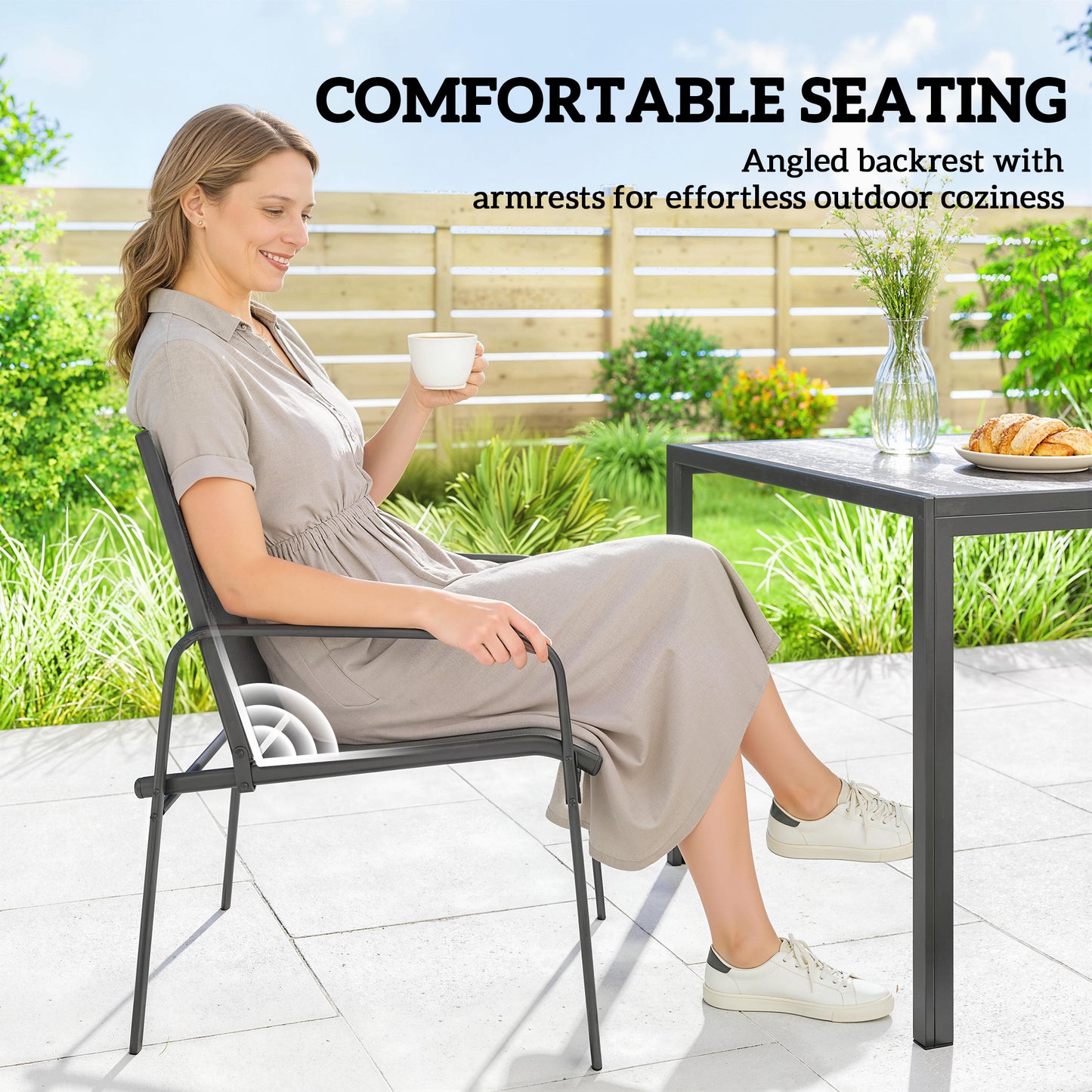 Outdoor Dining Set for 6, Faux Wood Patio Table and Chairs with Breathable Mesh Seat, Galvanized Steel Frame, Black