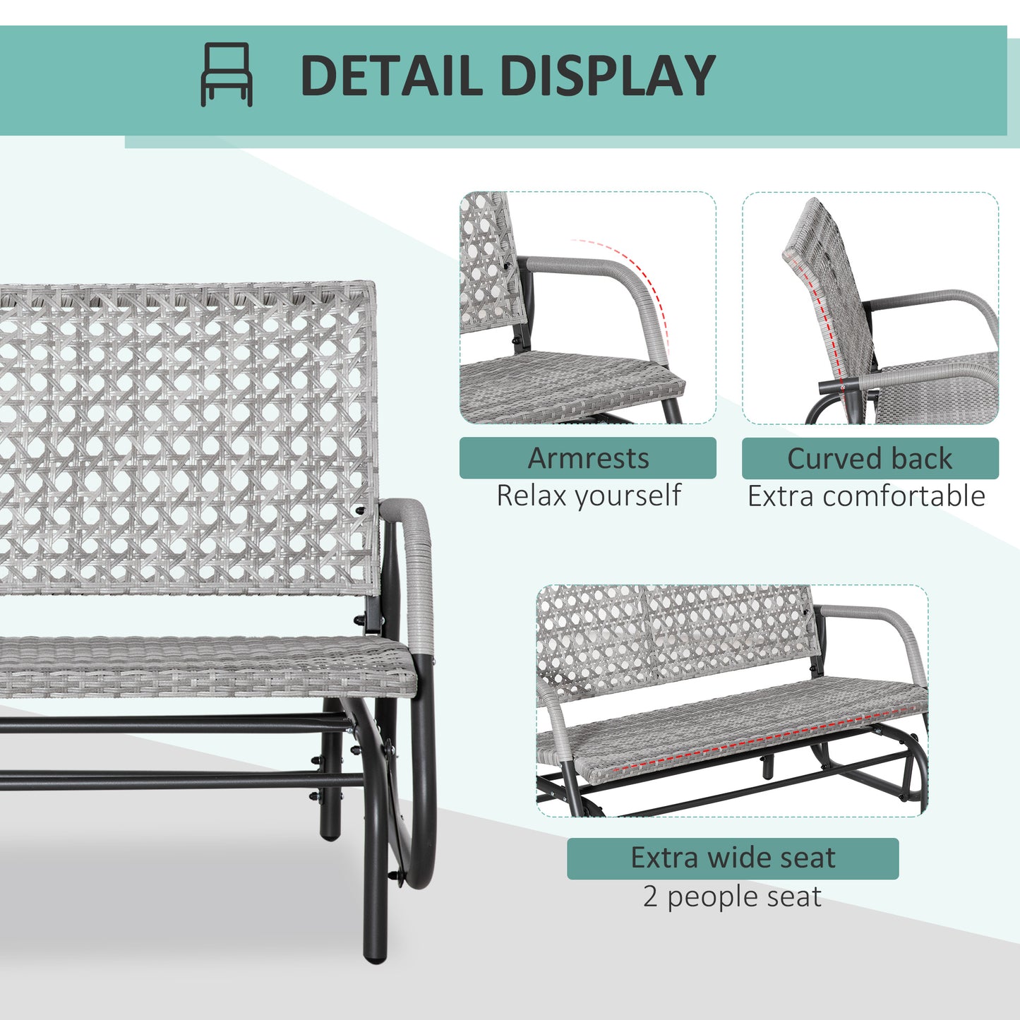 2 Seater Wicker Outdoor Glider Bench, Patio Swing Garden Bench, Garden Loveseat Rocking Chair, w/ Extra Wide Seat, Curved Backrest for Backyard, Poolside, Lawn, Mixed Grey