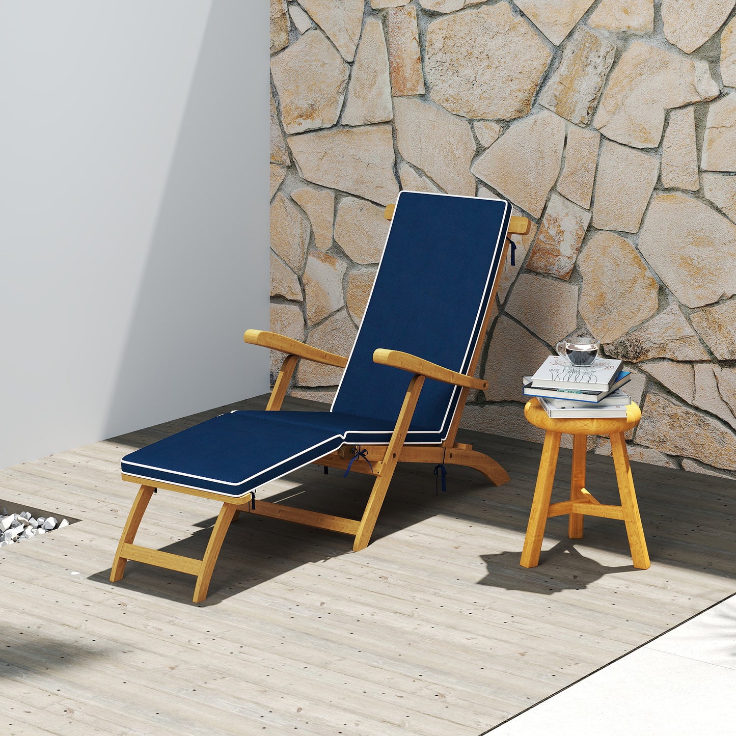 Folding Patio Lounge Chair with Padded Cushion, Acacia Wood Patio Lounger Recliner with Footrest for Garden, White