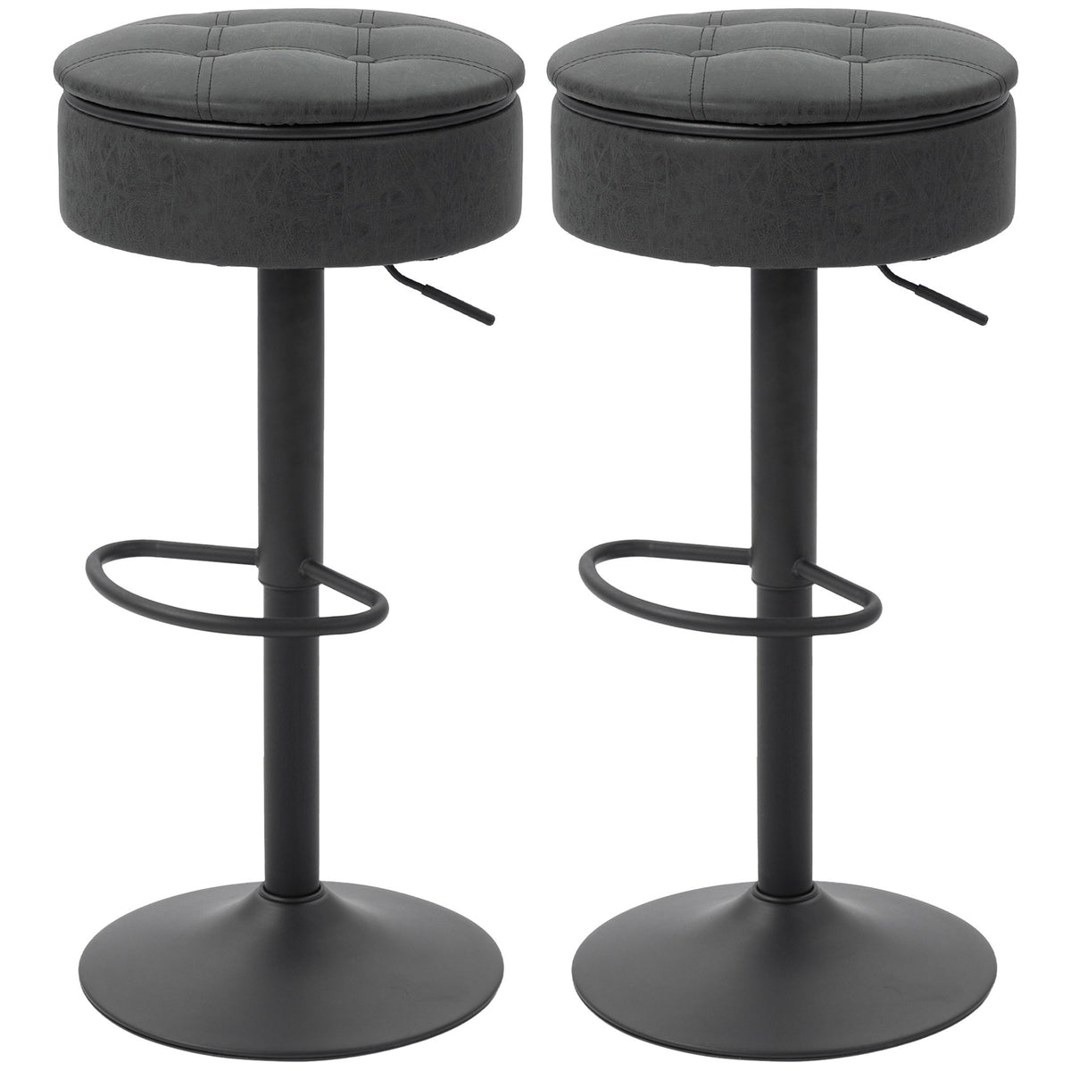 Set of 2 Barstools with Storage, Swivel Bar Stools with PU Leather Upholstered, Footrest, Steel Base, Black