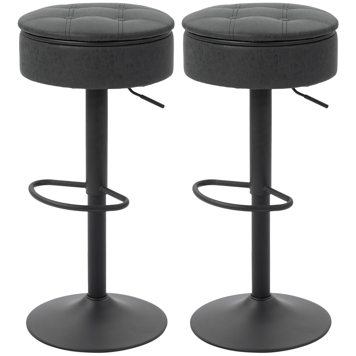 Set of 2 Barstools with Storage, Swivel Bar Stools with PU Leather Upholstered, Footrest, Steel Base, Black