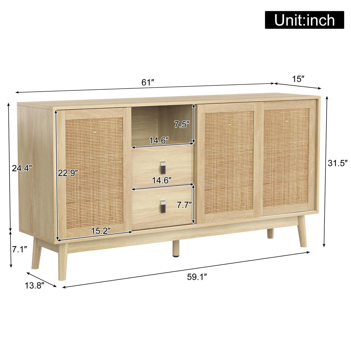 Versatile Sideboard with 3 Sliding Doors and 2 Drawers for Large Storage, Sturdy Cabinet with Solid Wood Legs, 61'' L x 14'' W x 31.5'' H, Wood