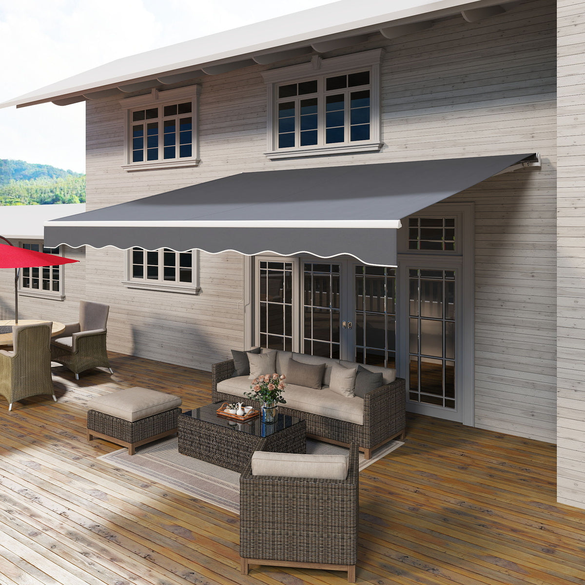 13' x 10' Electric Awning, Retractable Awning Sun Shade Shelter with Remote Controller, Manual Crank Handle and Aluminum Frame, for Deck, Balcony, Yard, Grey