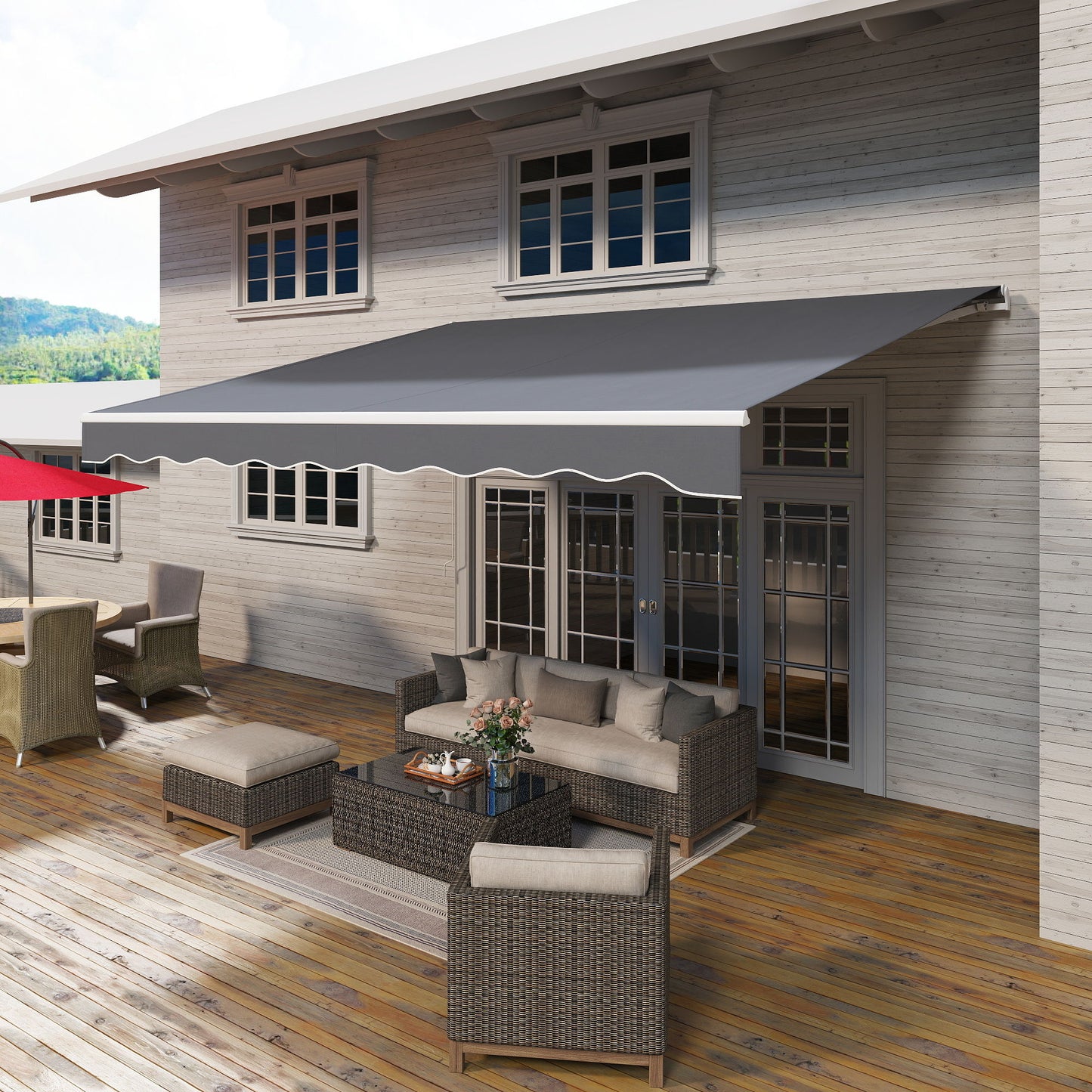 13' x 10' Electric Awning, Retractable Awning Sun Shade Shelter with Remote Controller, Manual Crank Handle and Aluminum Frame, for Deck, Balcony, Yard, Grey
