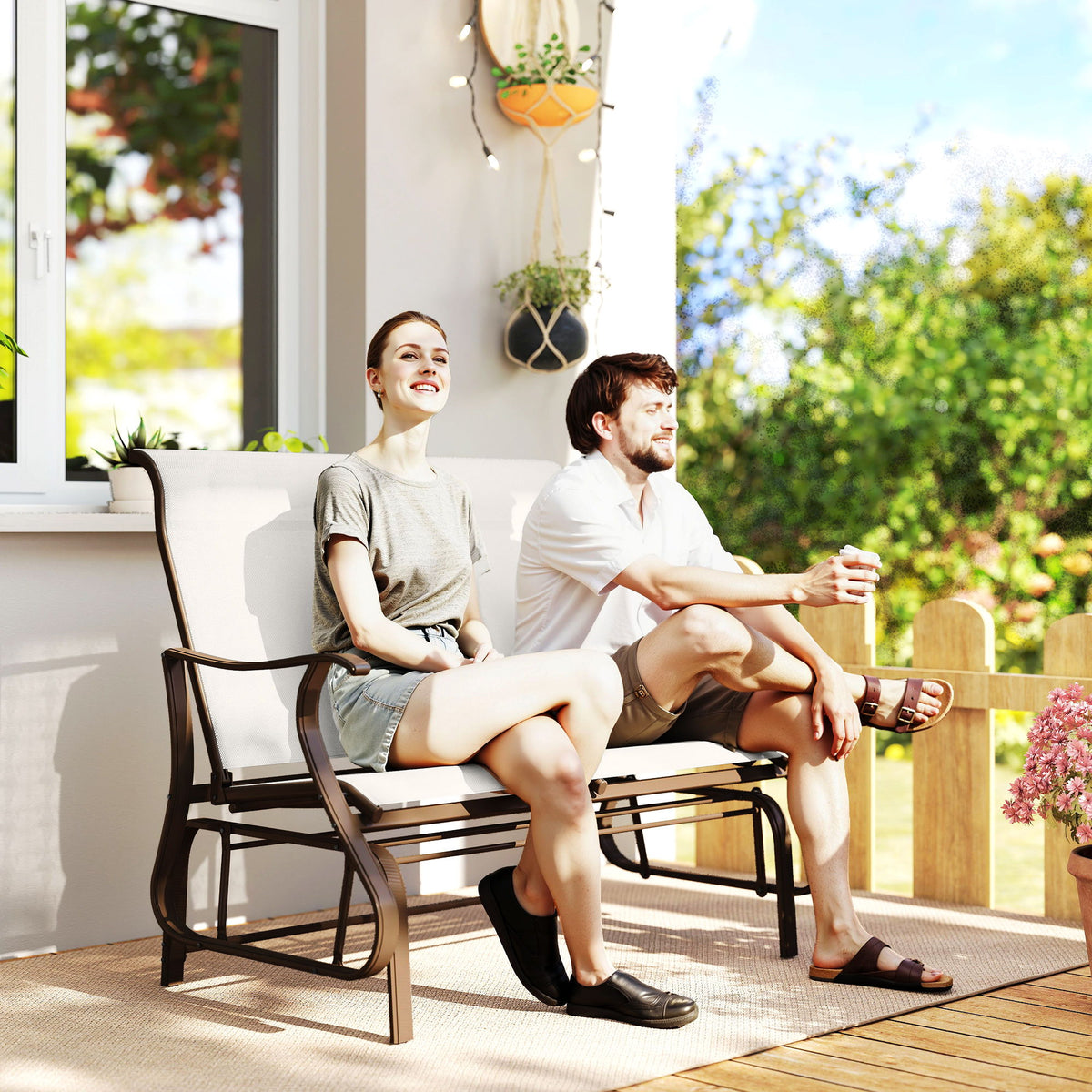 Garden Double Gliding Chair, Patio Glider Armchair for Outdoor, Backyard Mesh Seat and Backrest, Steel Frame Cream White