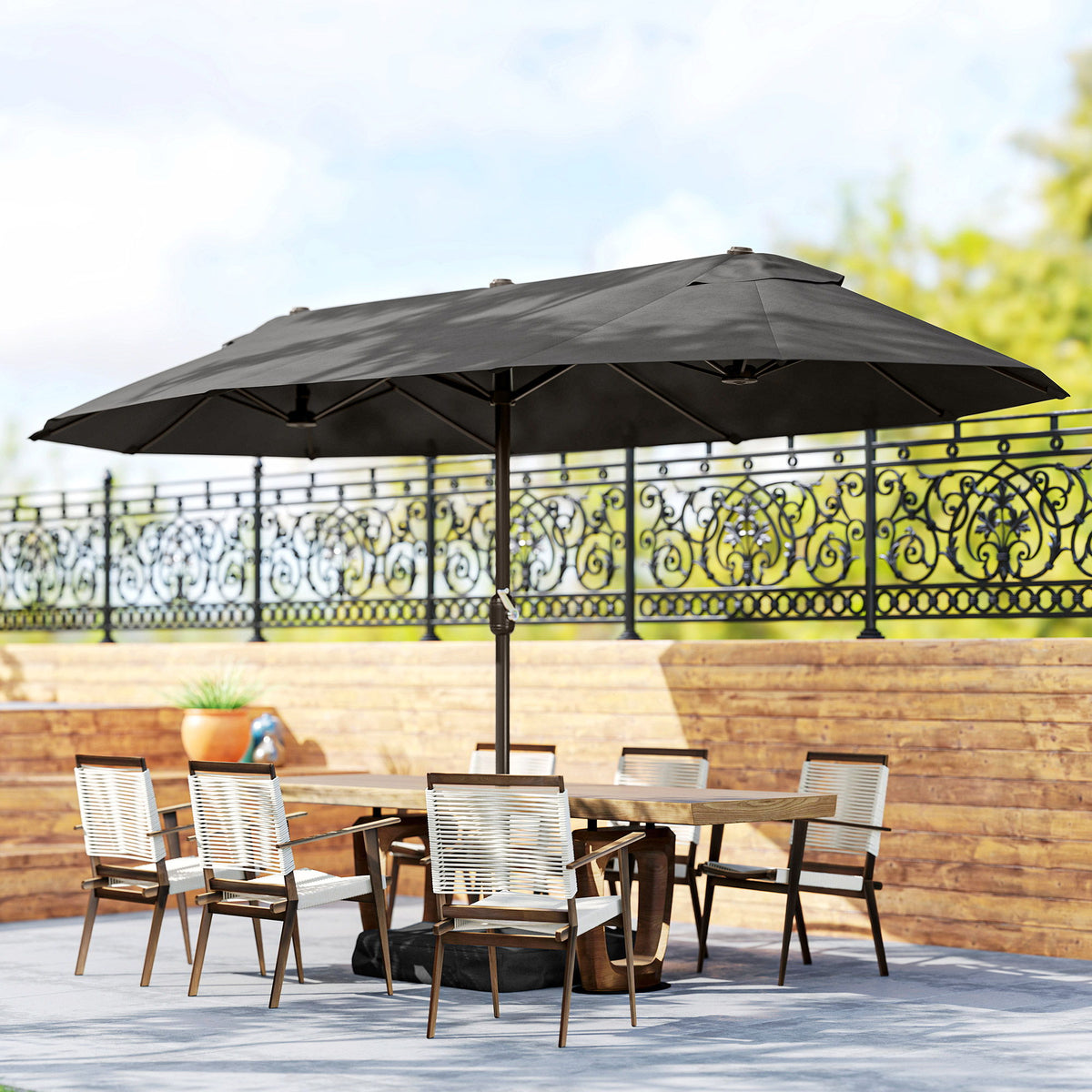 15' Outdoor Patio Umbrella with Twin Canopy Sunshade Steel Table Umbrella with Lift Crank, Cross base, Sandbag, Dark Grey