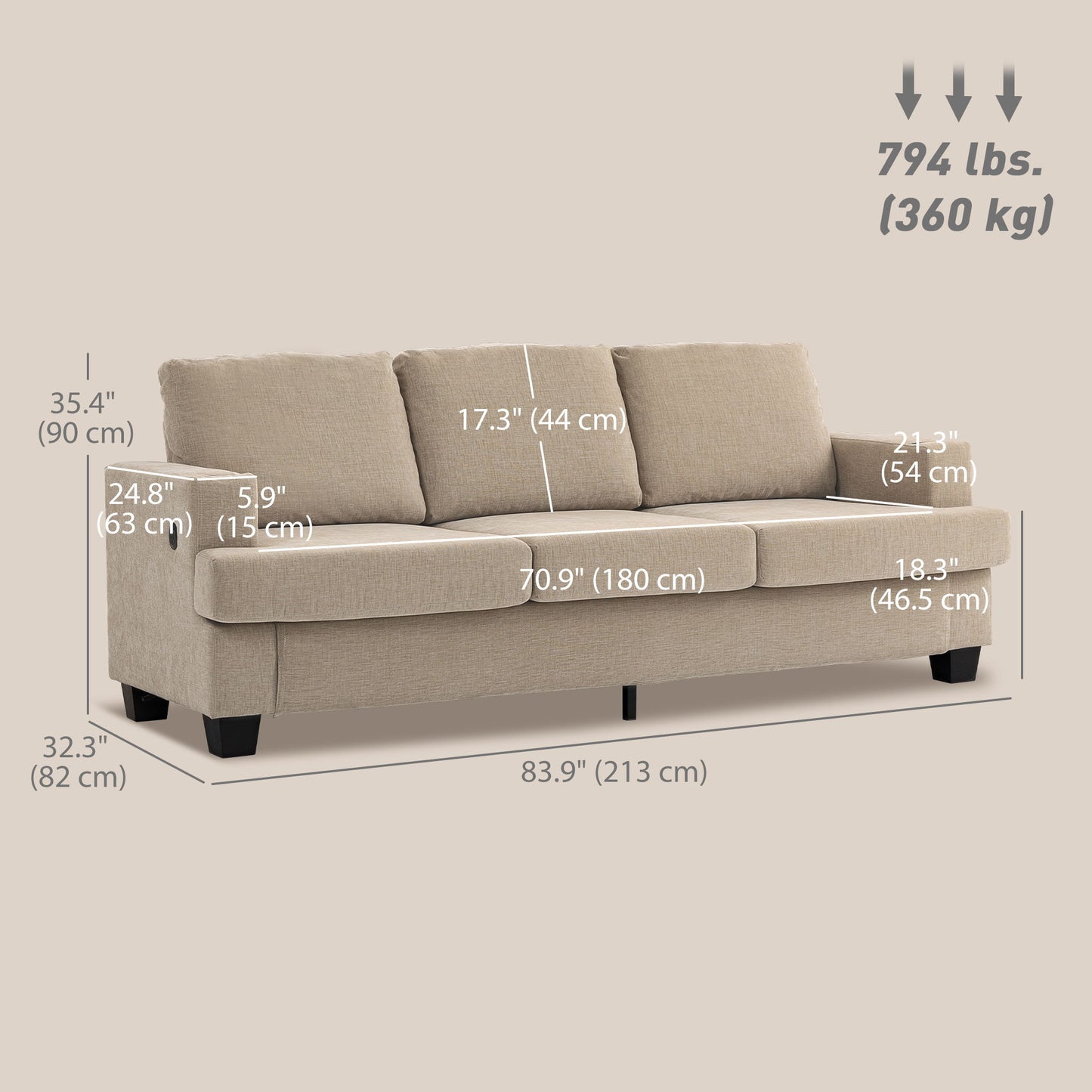 3 Seater Sofa with USB Ports & Cup Holders, Chenille-Feel Upholstered Couch for Living Room, Light Brown