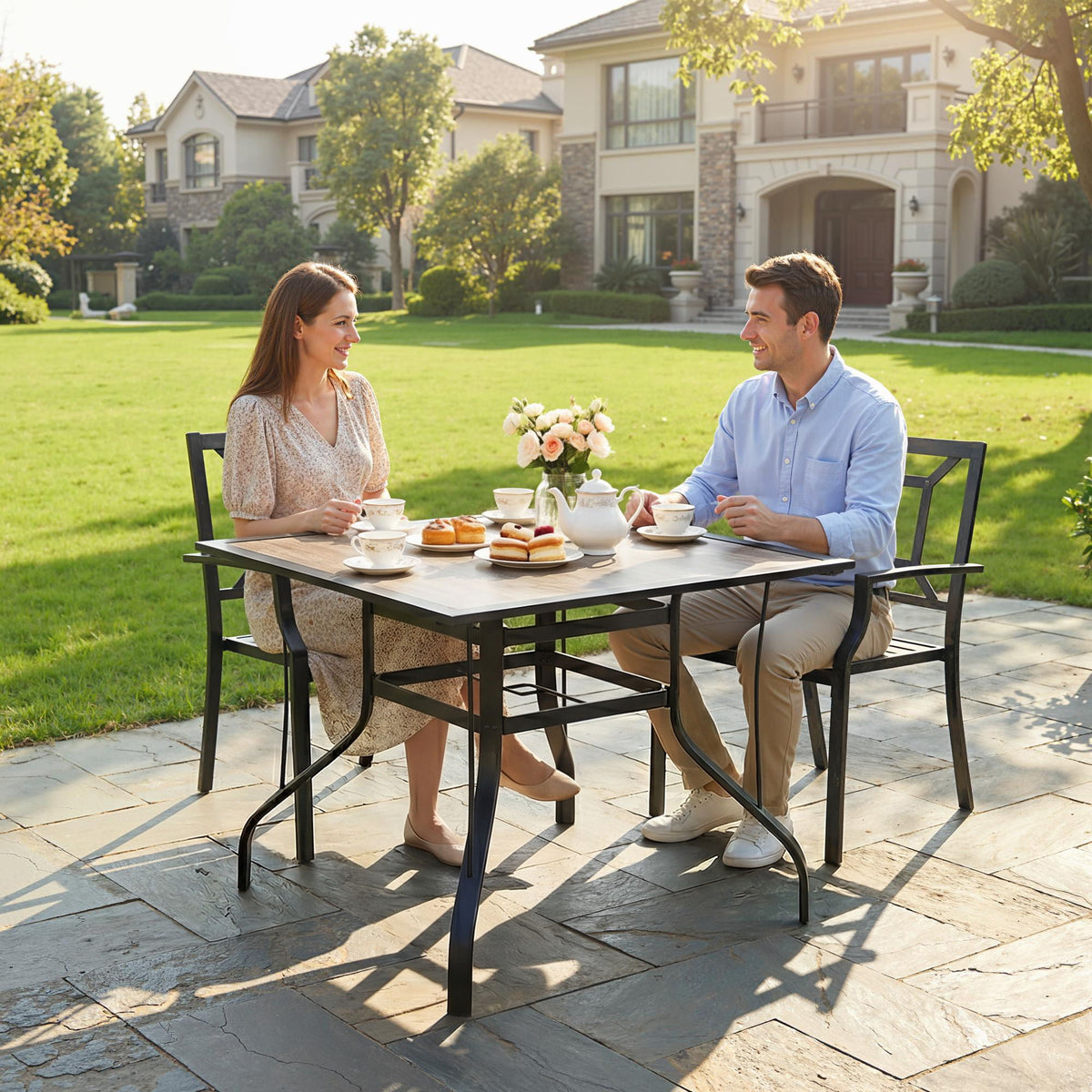 36" x 36" x 28" Square Patio Dining Table with Umbrella Hole, Easy to Clean Top & Rustproof Steel Frame, for Garden Pool