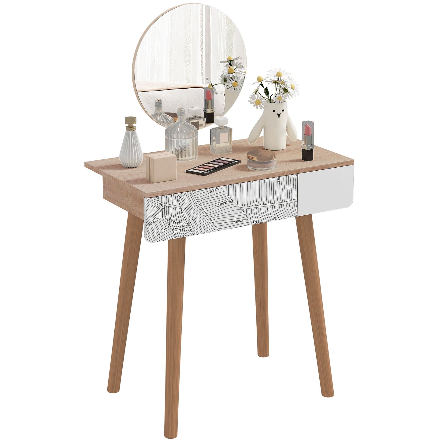 Vanity Desk with Mirror, Makeup Vanity with Drawer and Height Adjustable Mirror, Dressing Table with Wood Legs for Bedroom, Oak