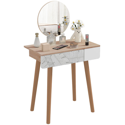 Vanity Desk with Mirror, Makeup Vanity with Drawer and Height Adjustable Mirror, Dressing Table with Wood Legs for Bedroom, Oak