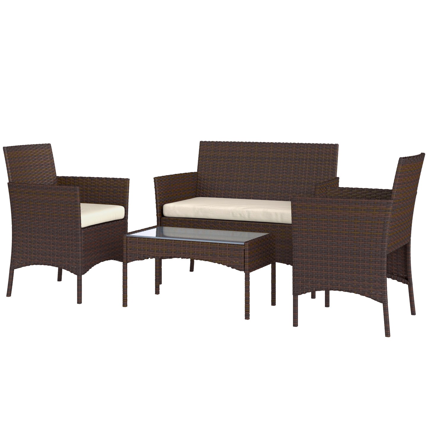 4 Pieces Wicker Outdoor Balcony Furniture Set Rattan Patio Furniture Set with Loveseat Chairs Glass Coffee Table Beige
