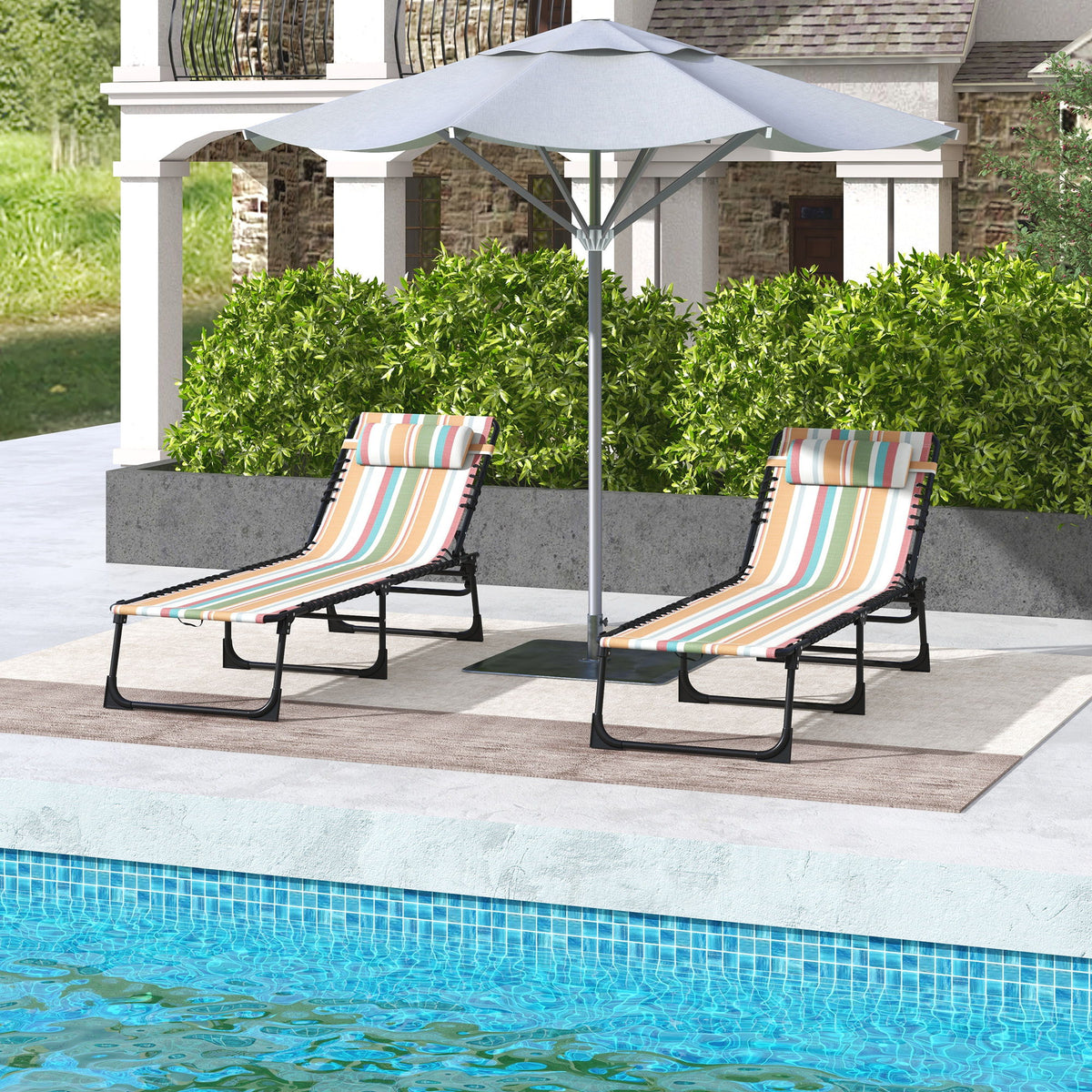 2pcs Folding Lounge Chair, Adjustable Chaise Lounge with Headrest, Reclining Lounger Cot for Camping, Multi-colored