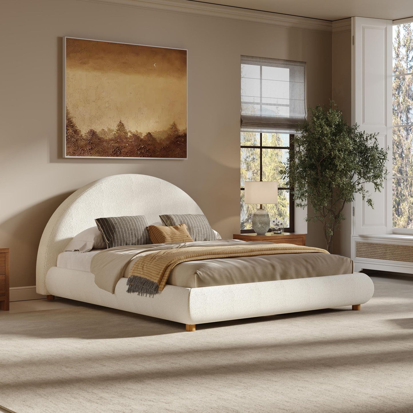 Queen Size Upholstered Platform Bed with Rounded Enclosed Headboard, Sturdy Bed Frame with Mattress Retainer, 86.5'' L x 64'' W x 41'' H, White