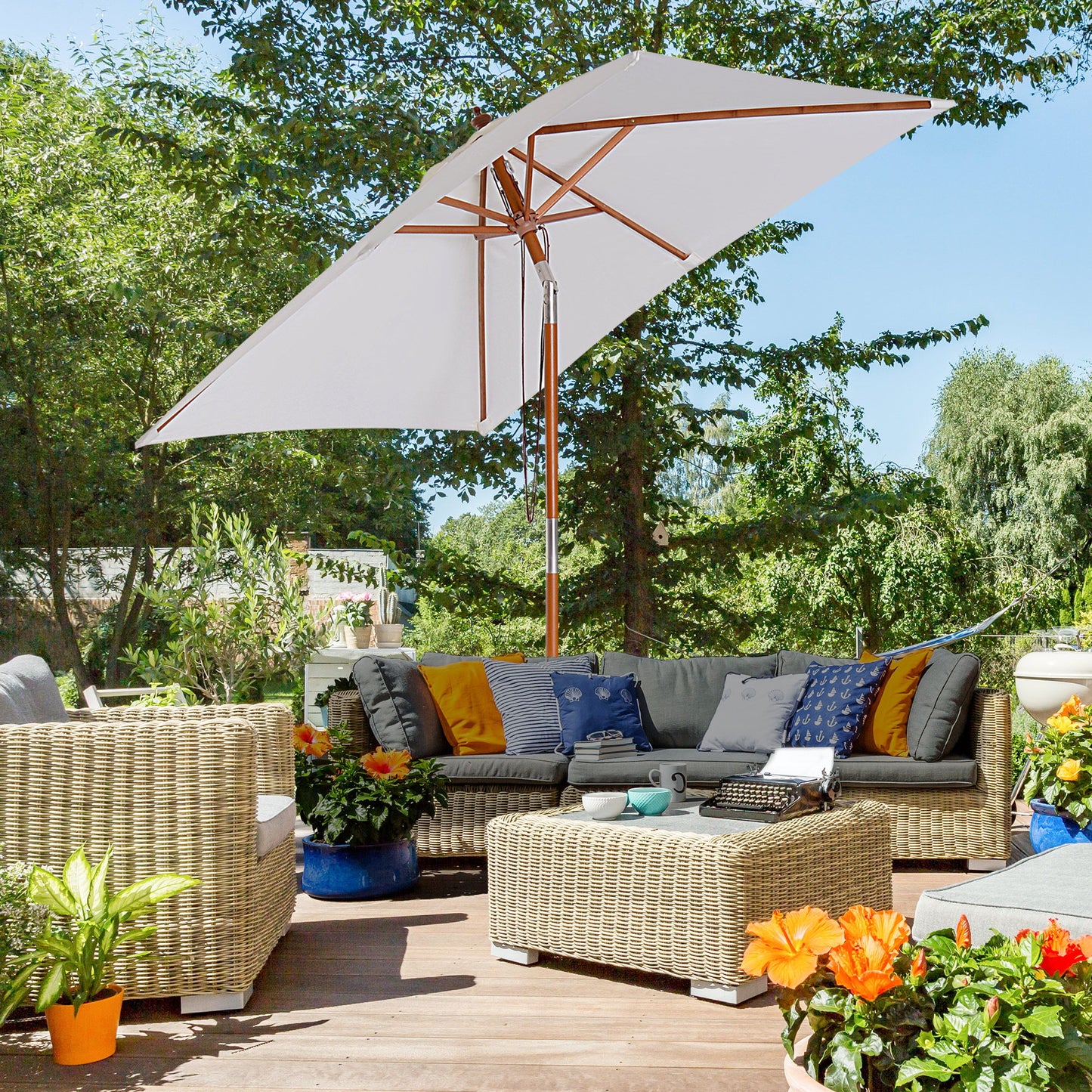6.6x5ft Fir Wooden Patio Umbrella Square Market Parasol Tilt Mechanism 6 Ribs Garden Sunshade, Cream White