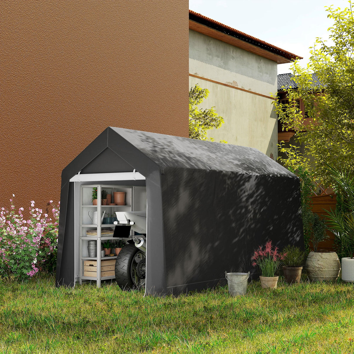 7' x 12' Outdoor Storage Shed Portable Garage with Roll-up Door for Motorcycle, Bike, Garden Tools, Dark Grey