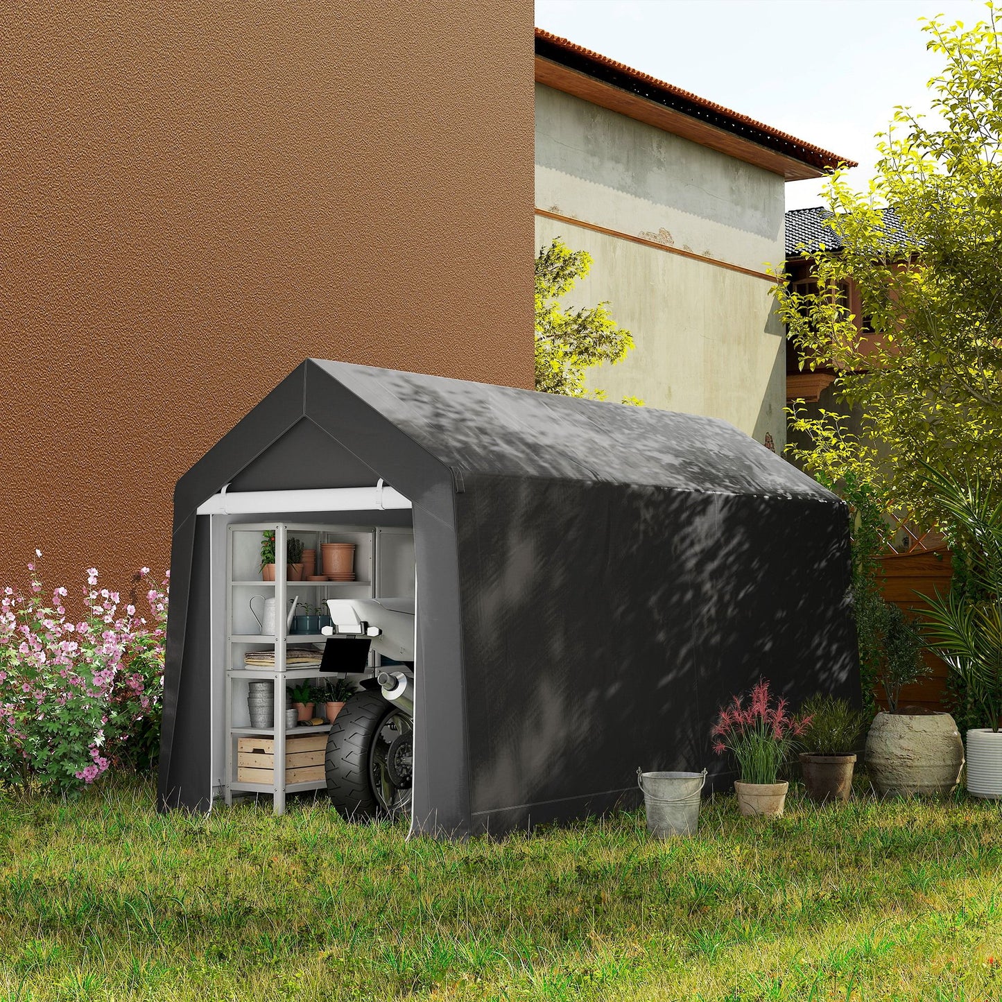 7' x 12' Outdoor Storage Shed Portable Garage with Roll-up Door for Motorcycle, Bike, Garden Tools, Dark Grey