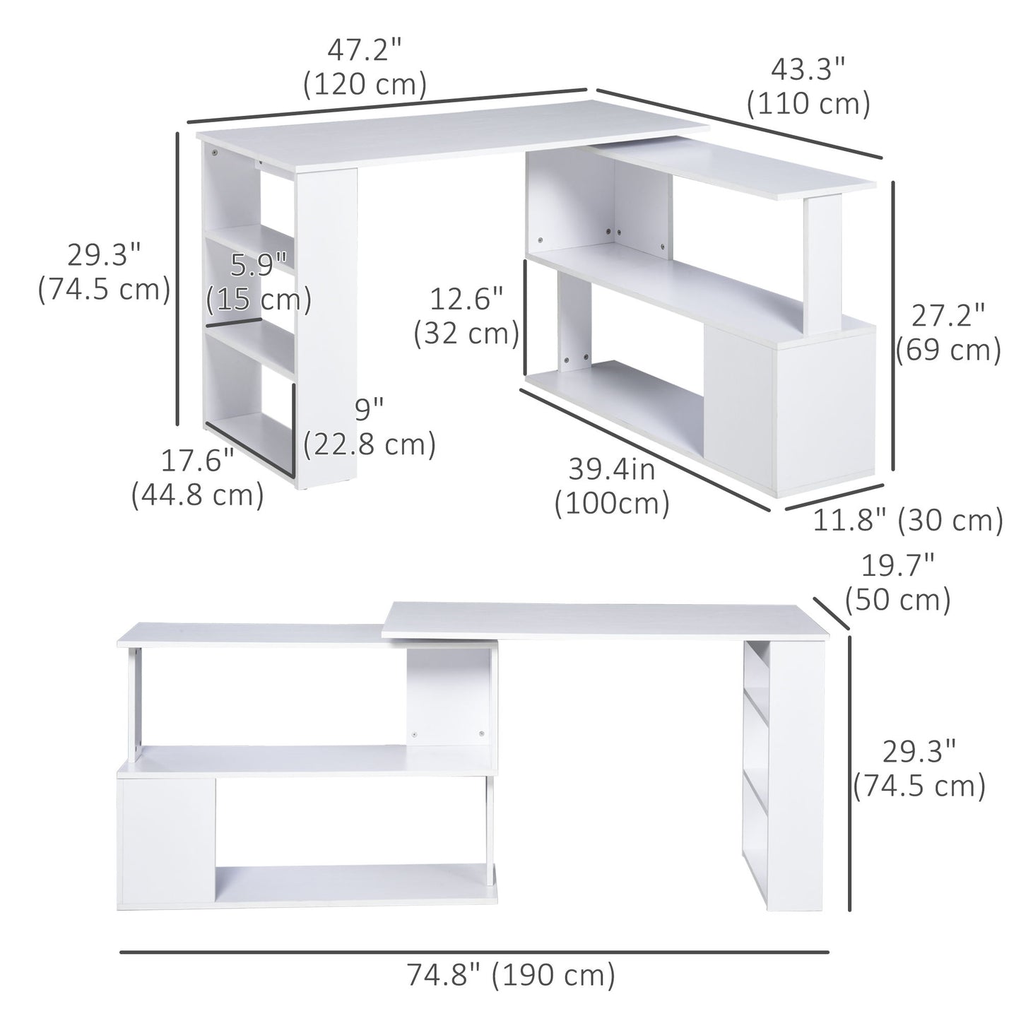 47" L Shaped Desk, 360° Rotating Corner Desk, Reversible Computer Writing Table Workstation with Storage Shelf for Home Office, White