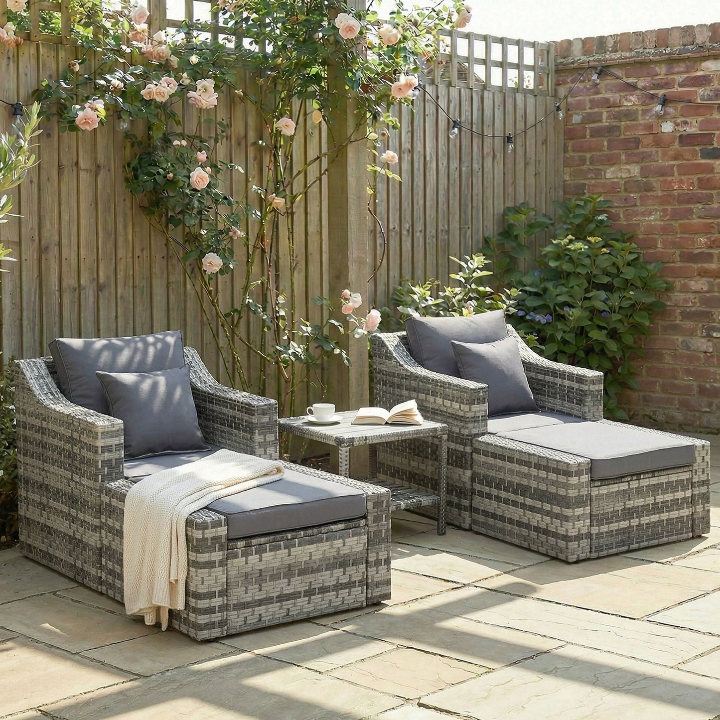 5-Piece Patio Furniture Set Outdoor Rattan Wicker Conversation Set with 2 Cushioned Chairs, 2 Ottomans and Coffee Table, Grey